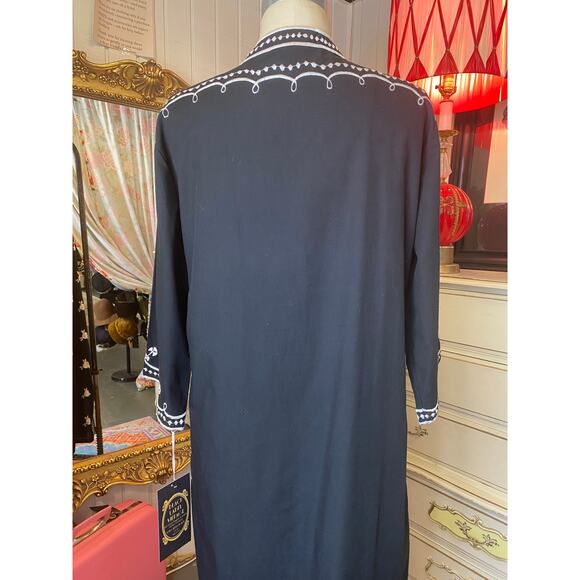 vintage 1960s black cotton embroidered kaftan 60s loungewear maxi dress med - Picture 7 of 10